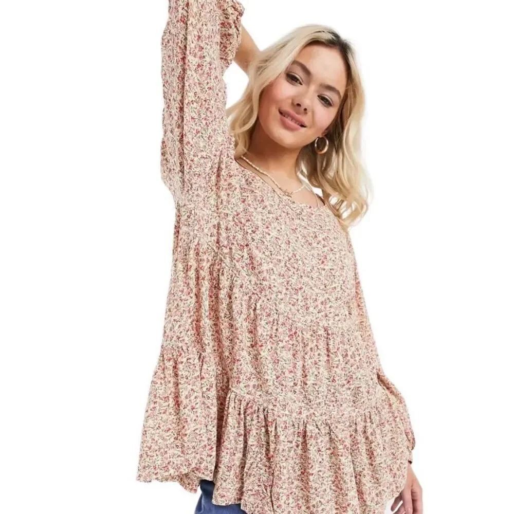 American Eagle women’s floral tiered open back baby doll top BoHo size small